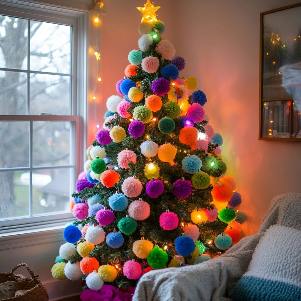 20. Multi-Colored Christmas Tree with Pom-Poms for Crafty Look