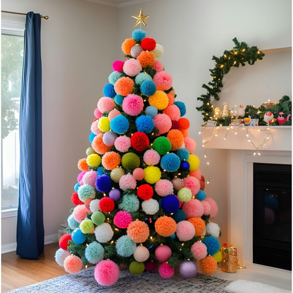 20. Multi-Colored Christmas Tree with Pom-Poms for Crafty Look