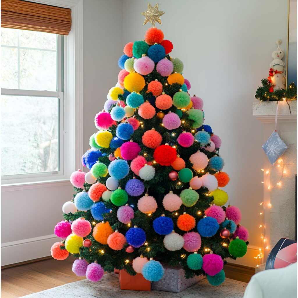 20. Multi-Colored Christmas Tree with Pom-Poms for Crafty Look