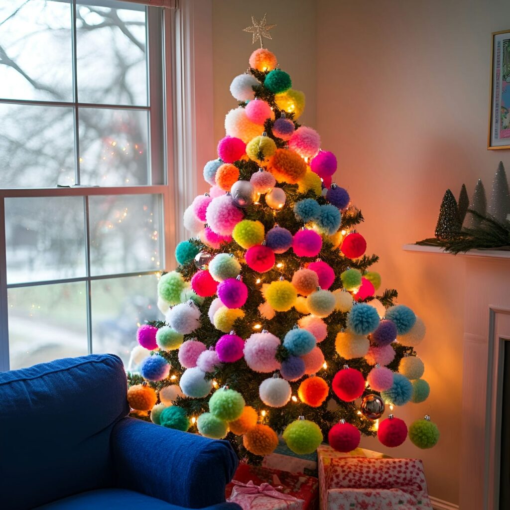 20. Multi-Colored Christmas Tree with Pom-Poms for Crafty Look