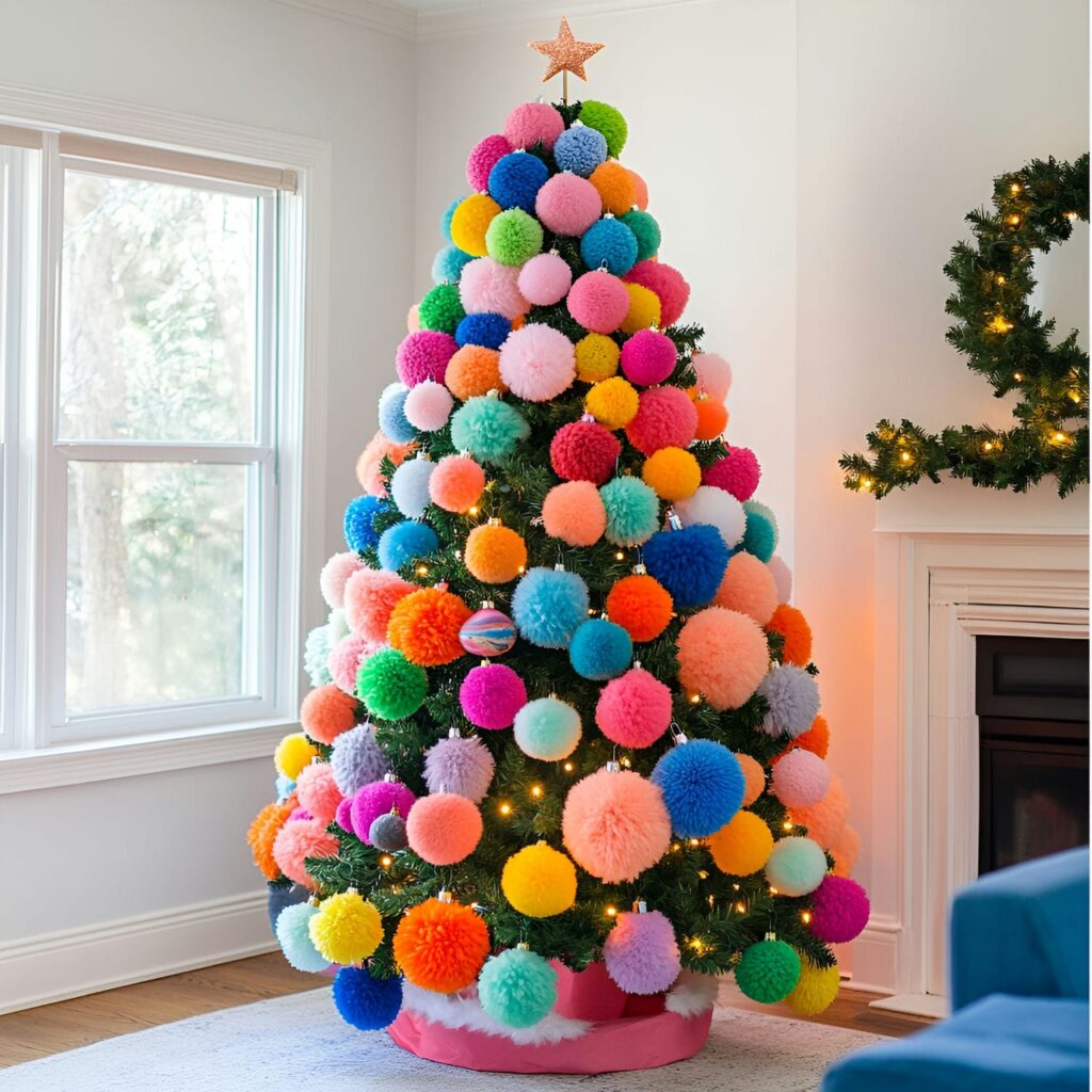 20. Multi-Colored Christmas Tree with Pom-Poms for Crafty Look