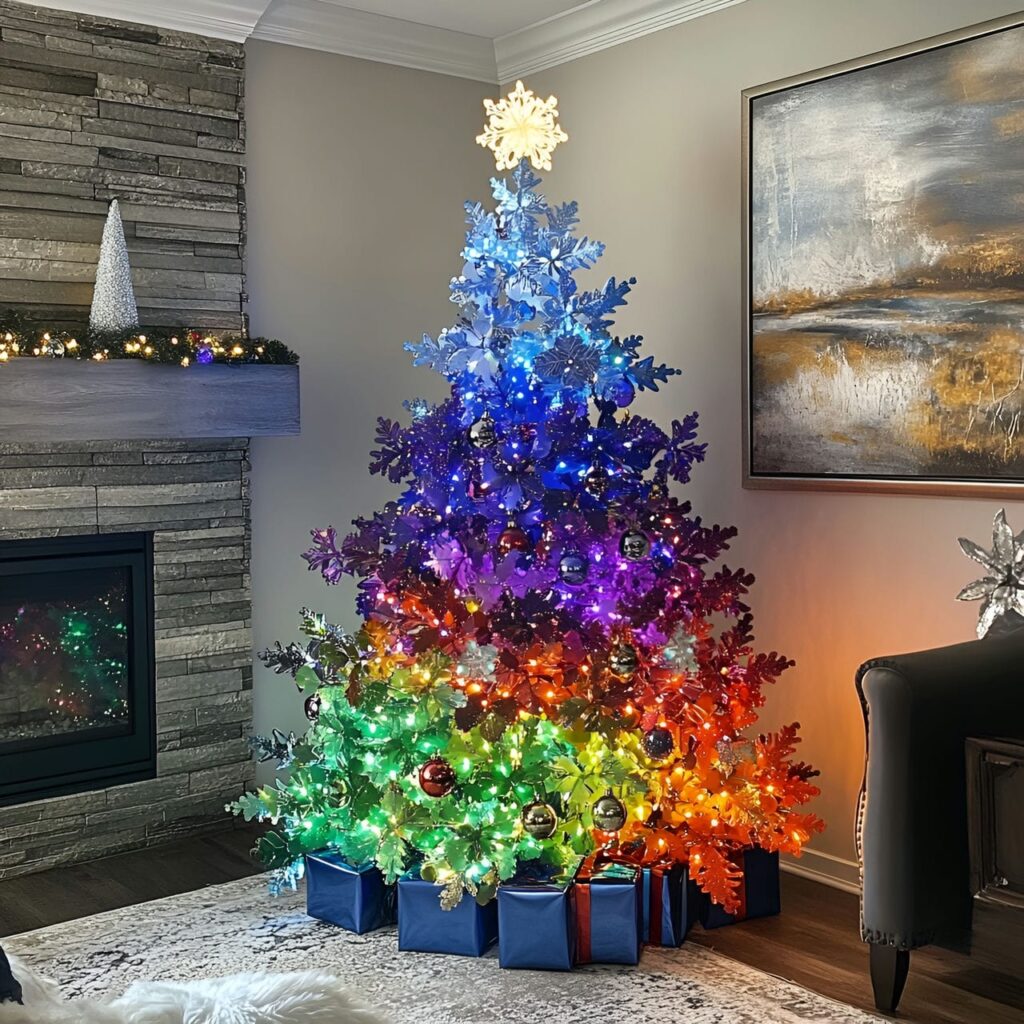 29. Multi-Colored Christmas Tree with Snowflakes for Winter Look