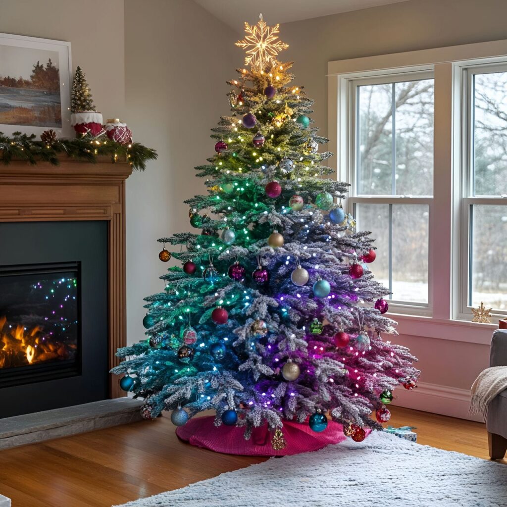 29. Multi-Colored Christmas Tree with Snowflakes for Winter Look