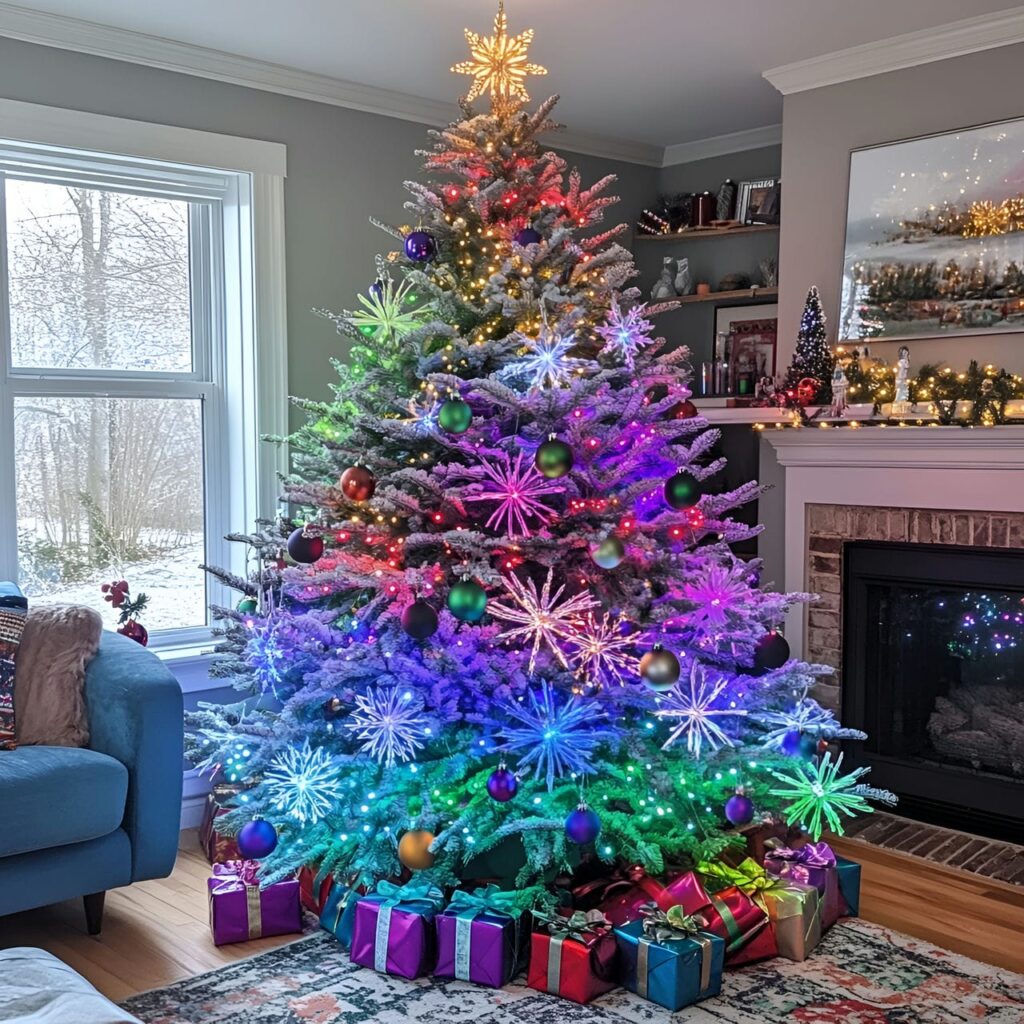 29. Multi-Colored Christmas Tree with Snowflakes for Winter Look