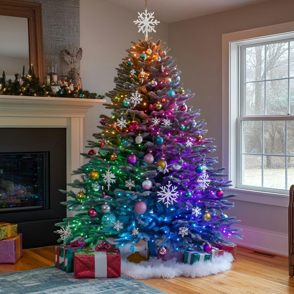 29. Multi-Colored Christmas Tree with Snowflakes for Winter Look