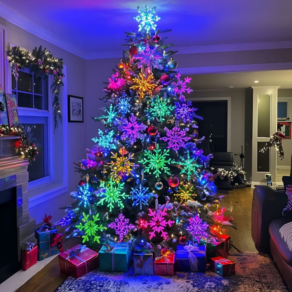 29. Multi-Colored Christmas Tree with Snowflakes for Winter Look