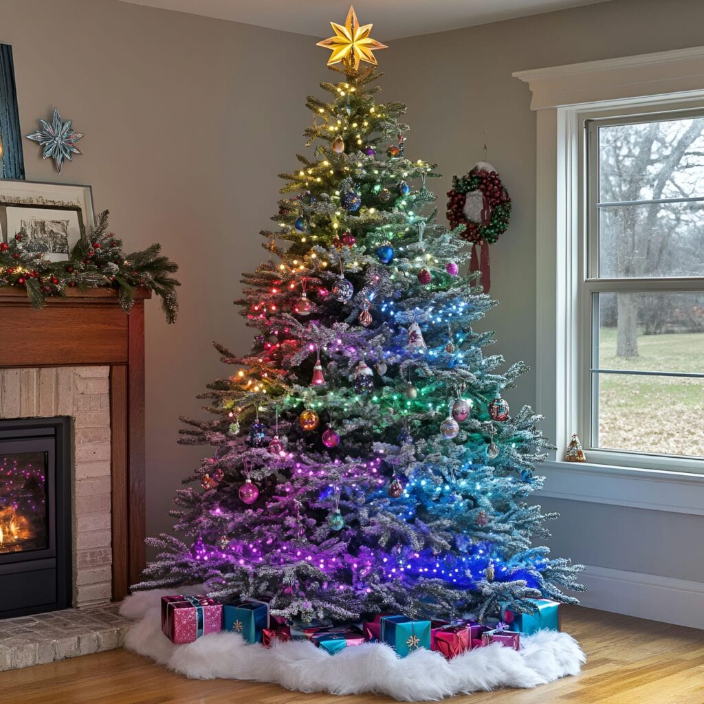 29. Multi-Colored Christmas Tree with Snowflakes for Winter Look