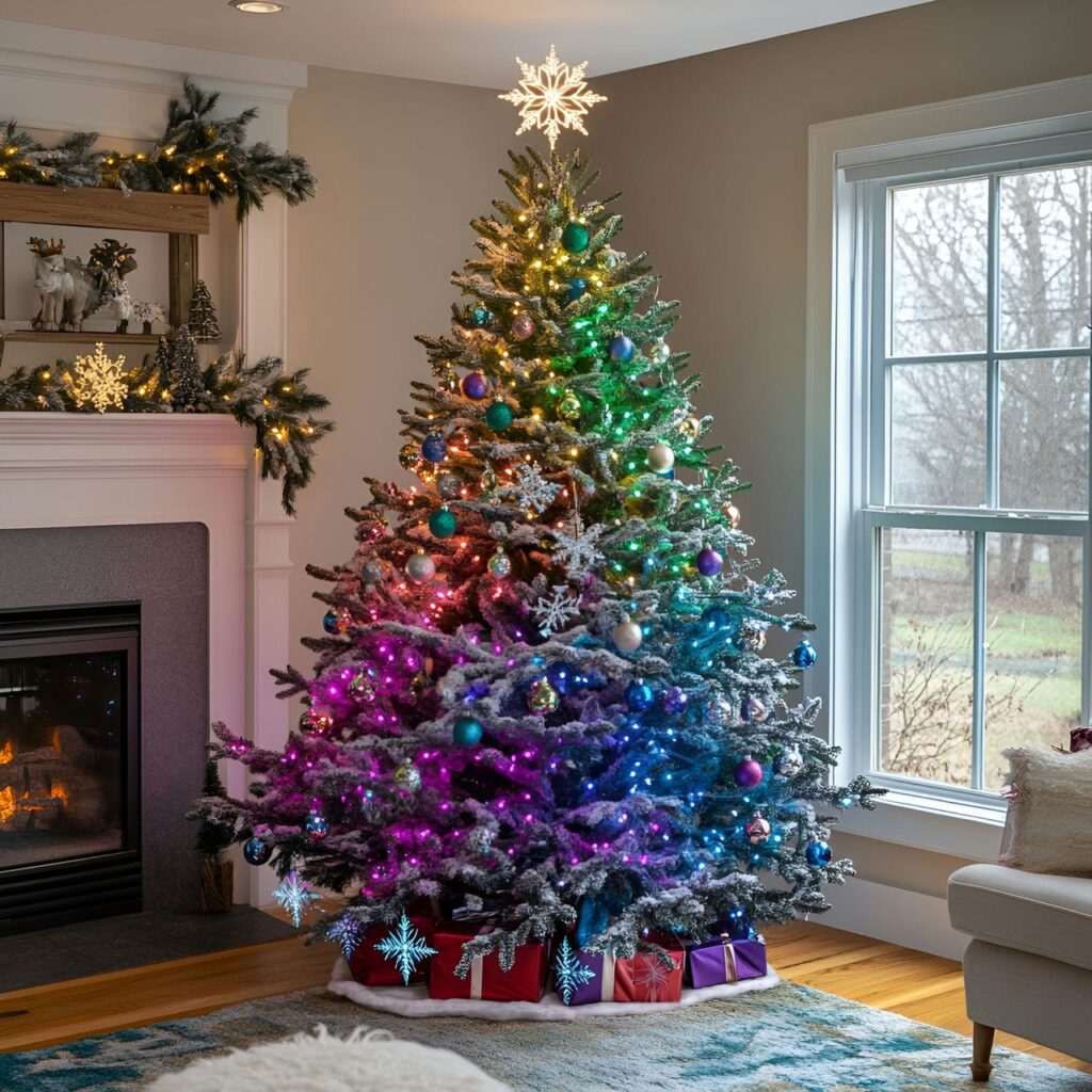 29. Multi-Colored Christmas Tree with Snowflakes for Winter Look