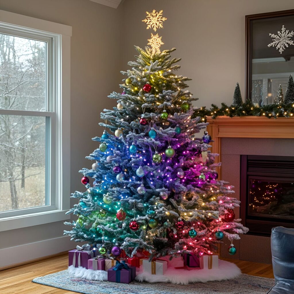 29. Multi-Colored Christmas Tree with Snowflakes for Winter Look