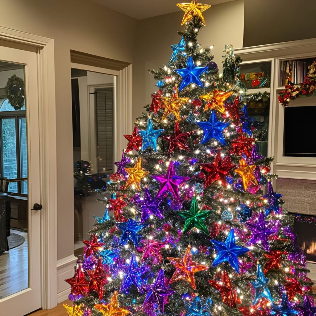 13. Multi-Colored Tree with Star Ornaments for Whimsical Touch