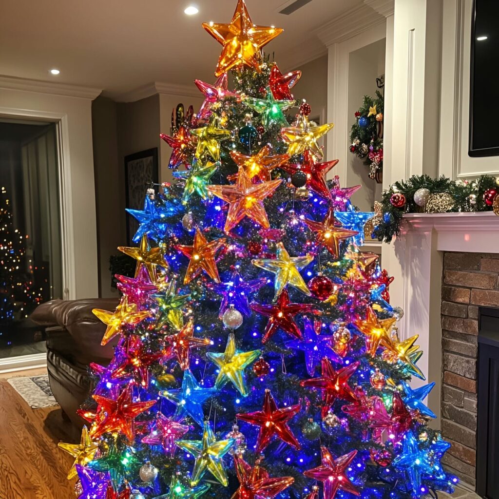 13. Multi-Colored Tree with Star Ornaments for Whimsical Touch