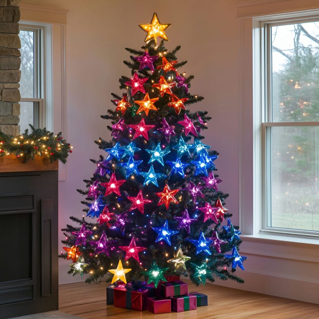 13. Multi-Colored Tree with Star Ornaments for Whimsical Touch