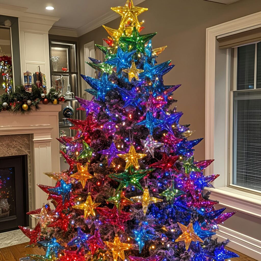 13. Multi-Colored Tree with Star Ornaments for Whimsical Touch