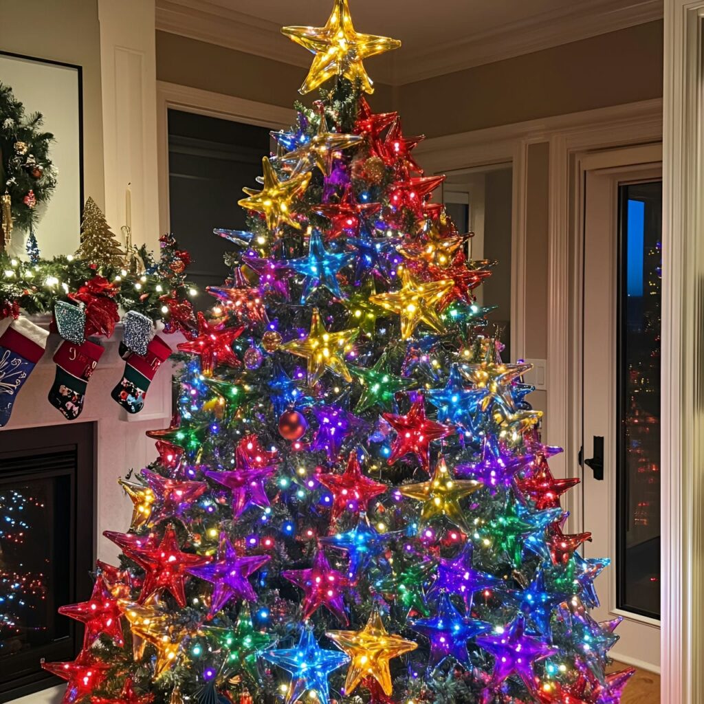 13. Multi-Colored Tree with Star Ornaments for Whimsical Touch