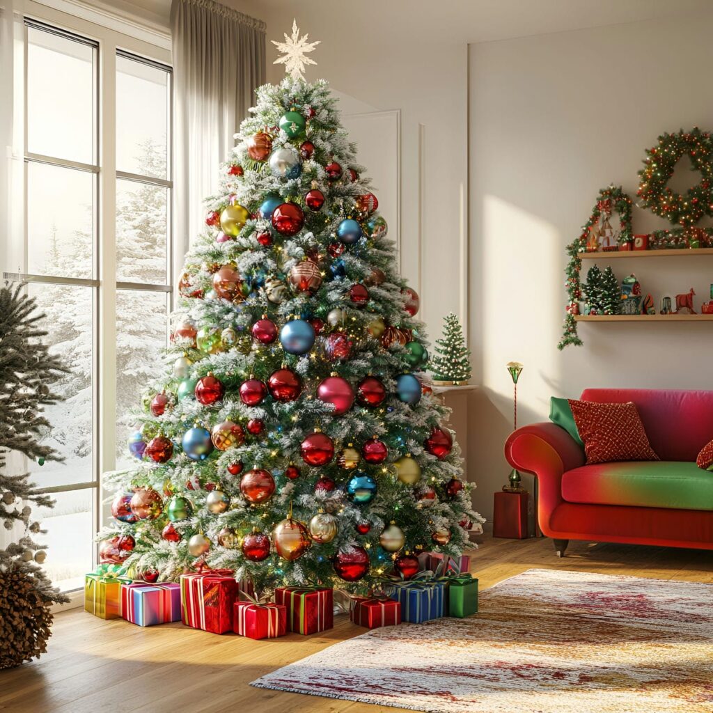 16. Multi-Colored Tree with Striped Decorations for a Playful Look