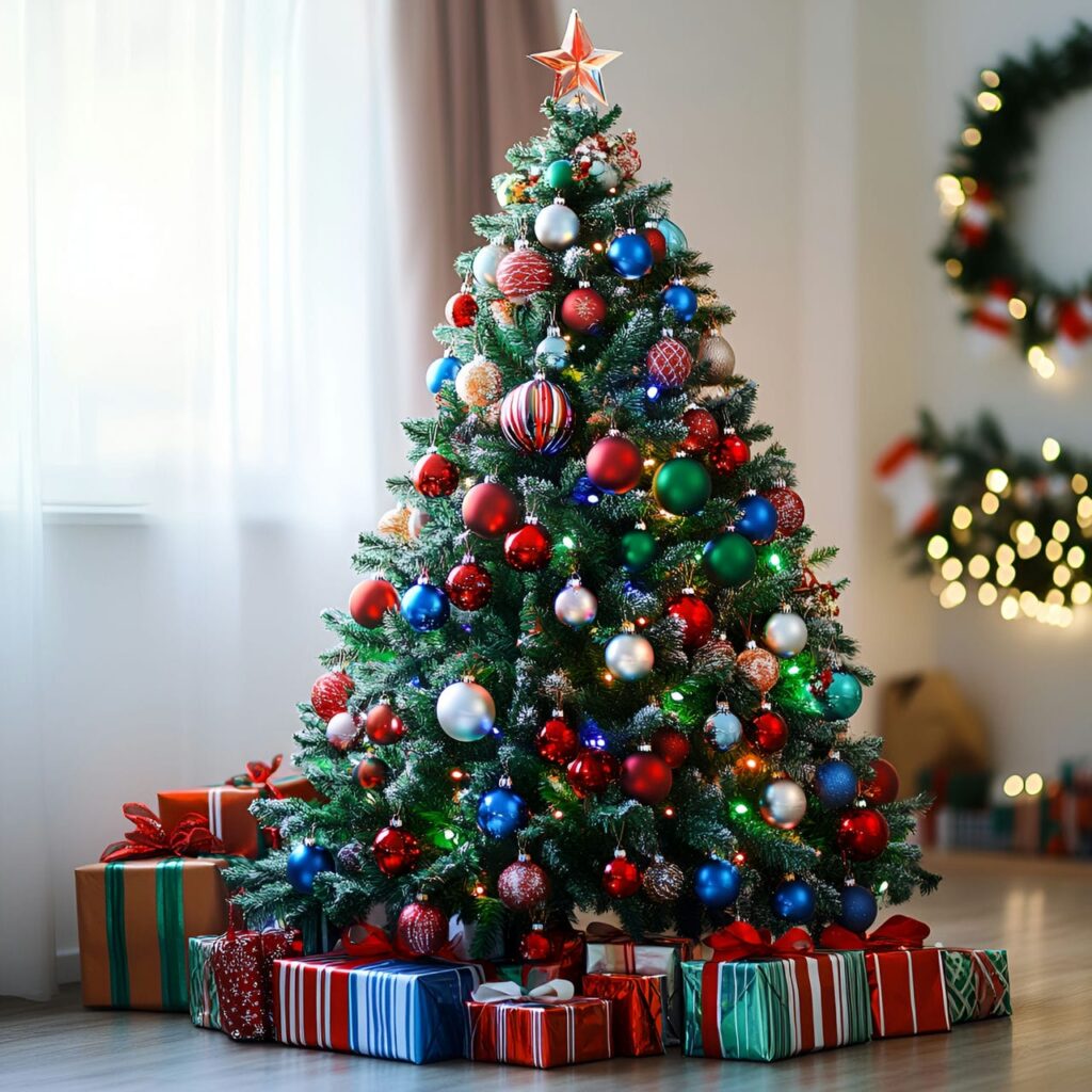 16. Multi-Colored Tree with Striped Decorations for a Playful Look