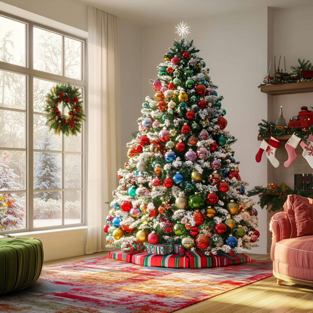 16. Multi-Colored Tree with Striped Decorations for a Playful Look