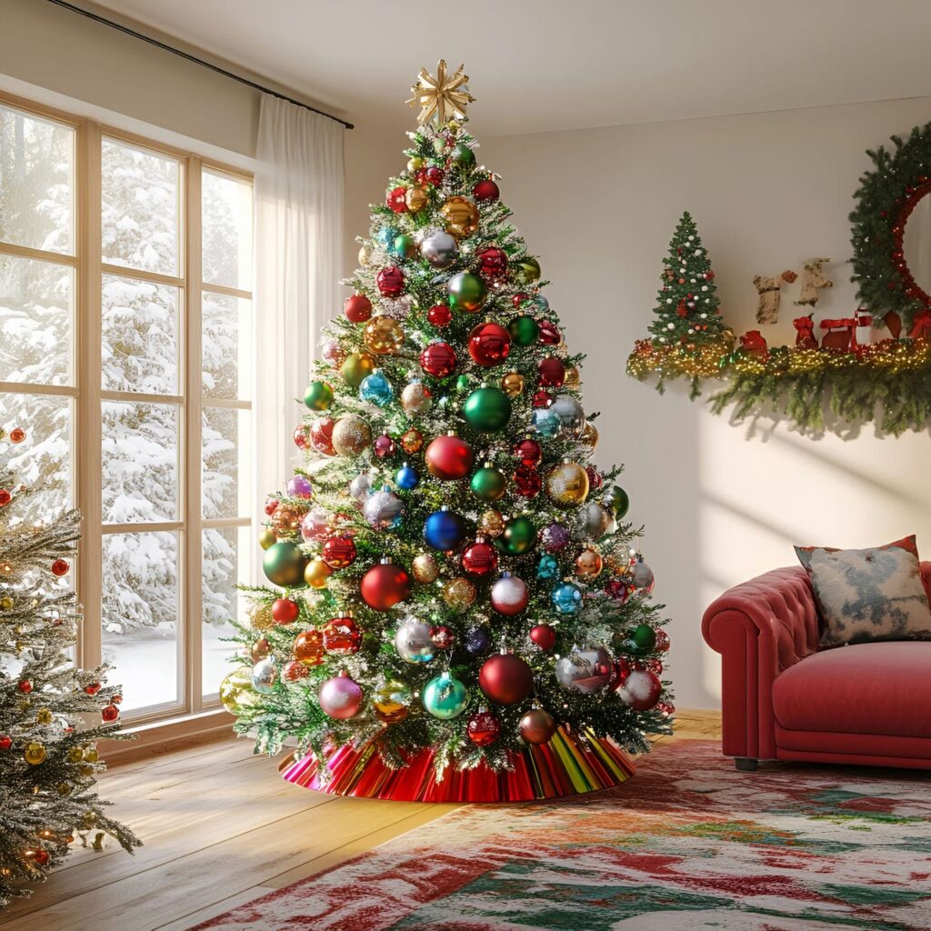 16. Multi-Colored Tree with Striped Decorations for a Playful Look