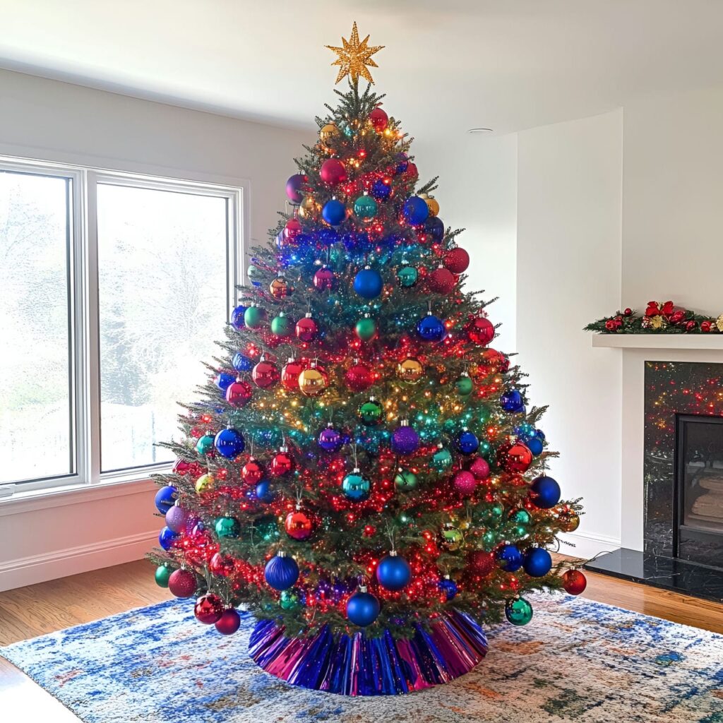 16. Multi-Colored Tree with Striped Decorations for a Playful Look