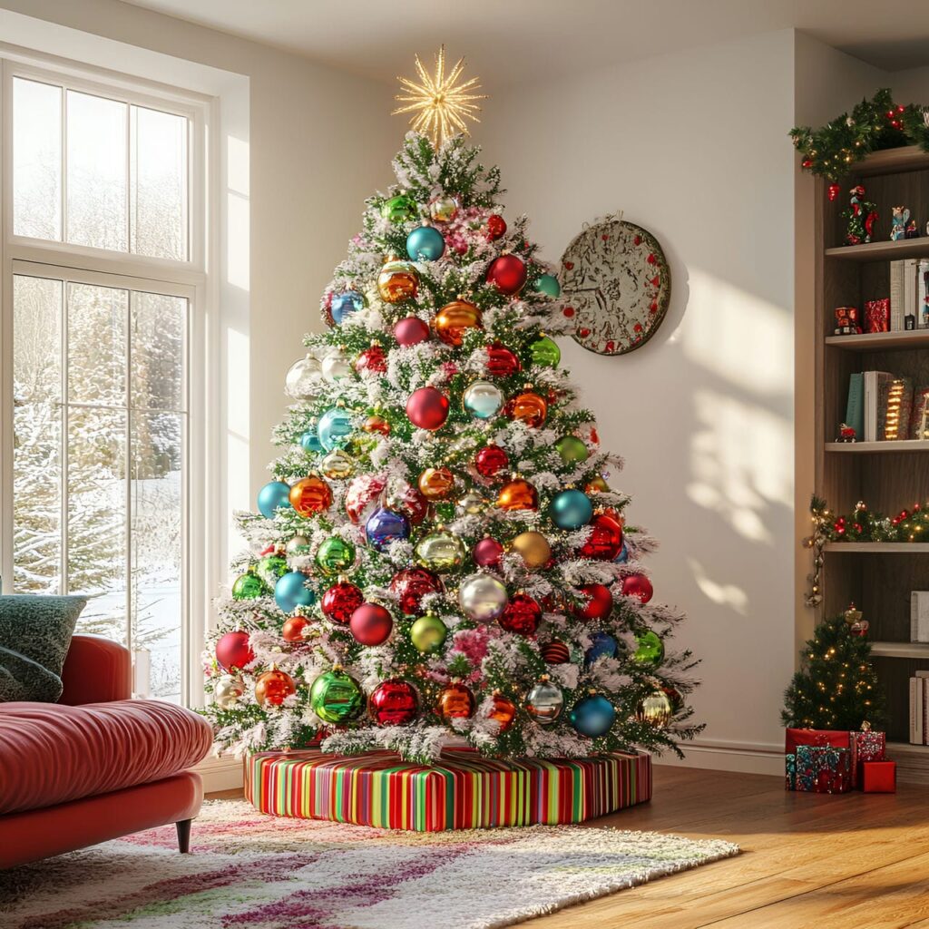 16. Multi-Colored Tree with Striped Decorations for a Playful Look