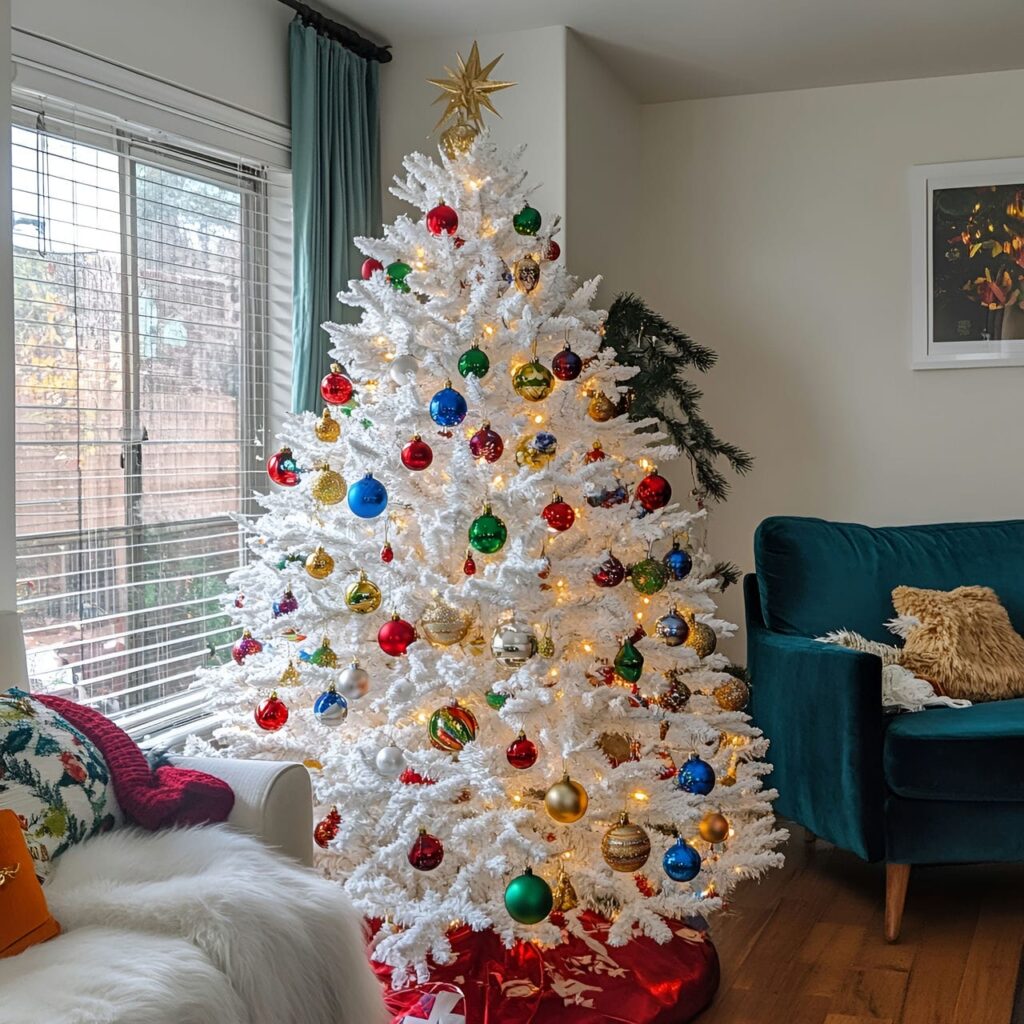 14. Multi-Colored and White Christmas Tree with Mixed Ornaments