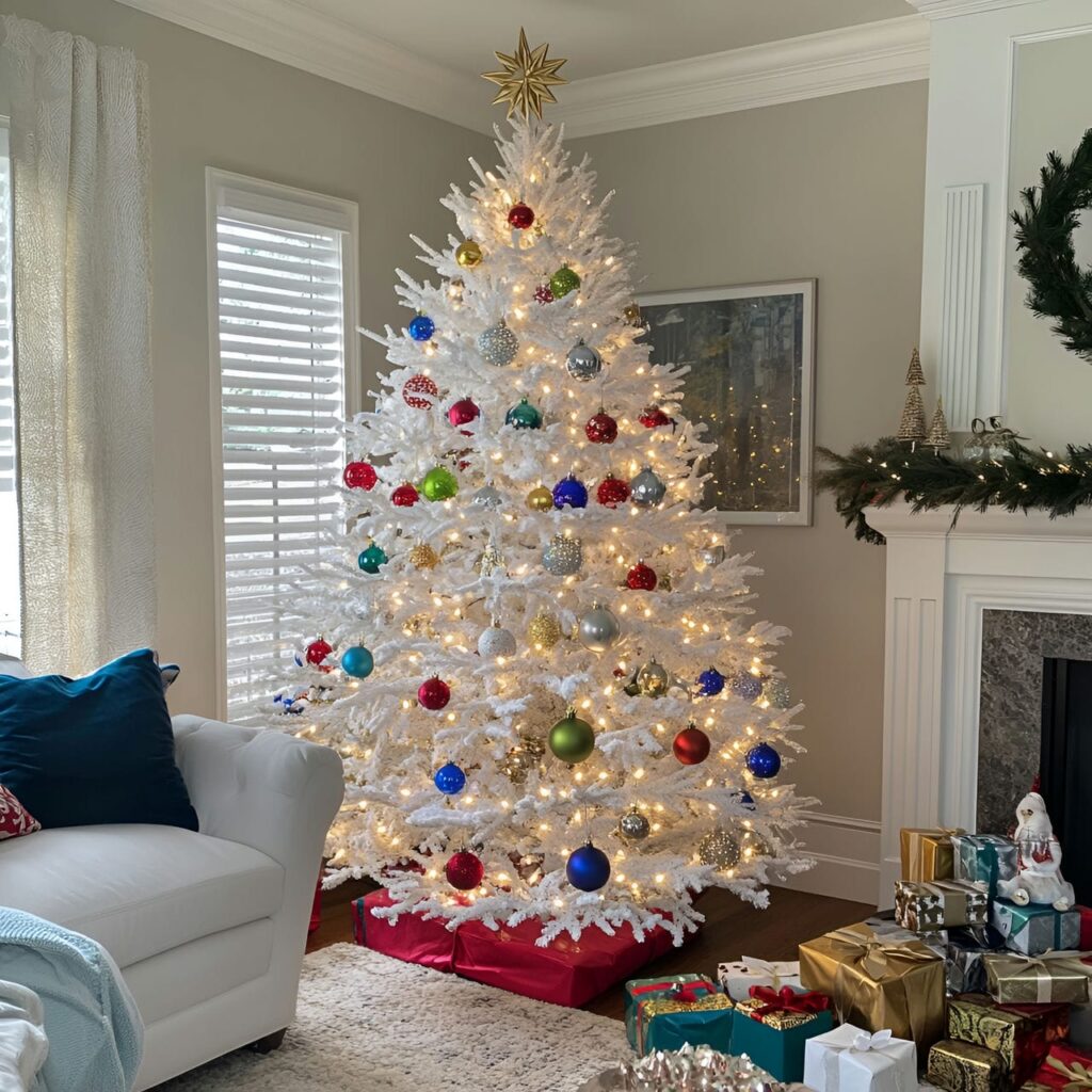 14. Multi-Colored and White Christmas Tree with Mixed Ornaments