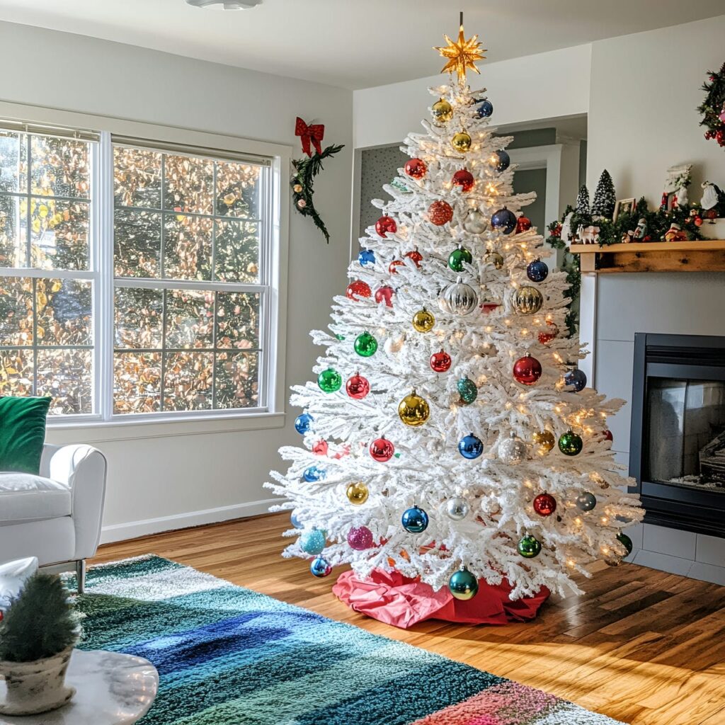 14. Multi-Colored and White Christmas Tree with Mixed Ornaments