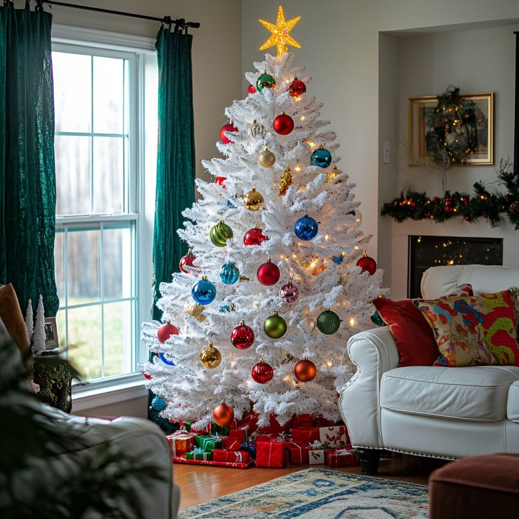 14. Multi-Colored and White Christmas Tree with Mixed Ornaments