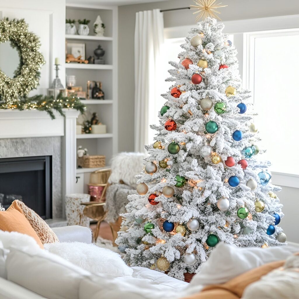 14. Multi-Colored and White Christmas Tree with Mixed Ornaments