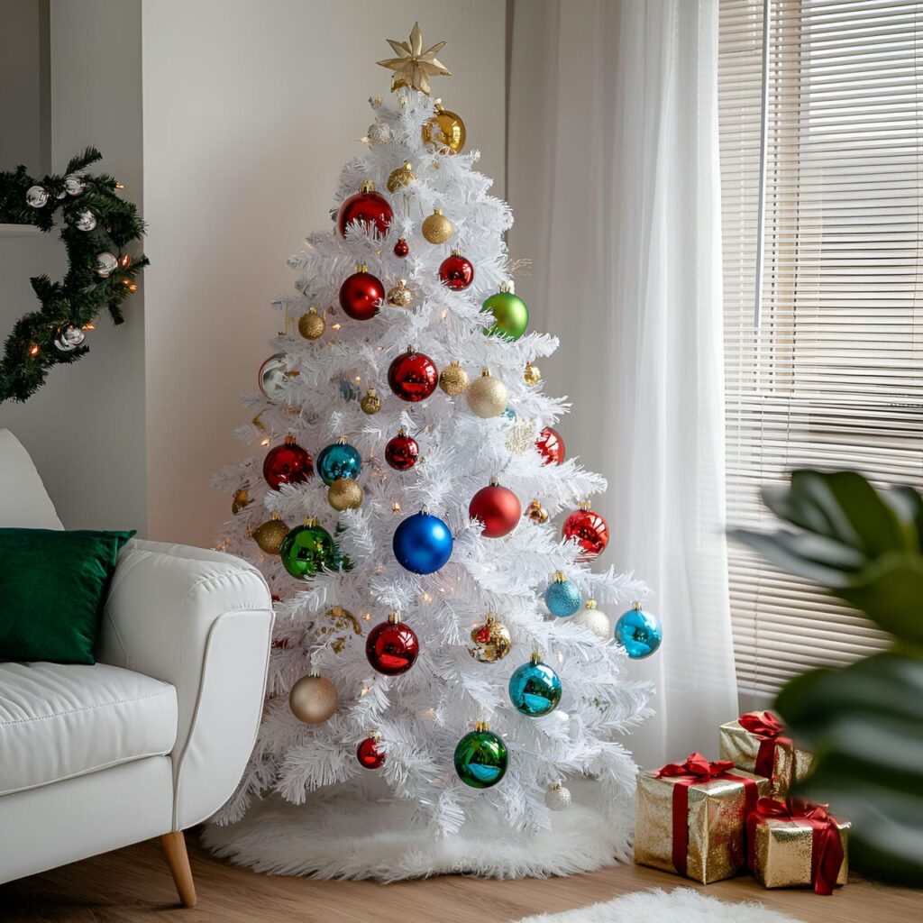 14. Multi-Colored and White Christmas Tree with Mixed Ornaments