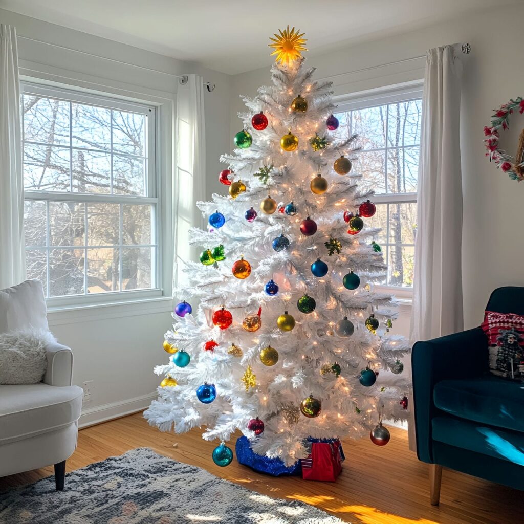 14. Multi-Colored and White Christmas Tree with Mixed Ornaments