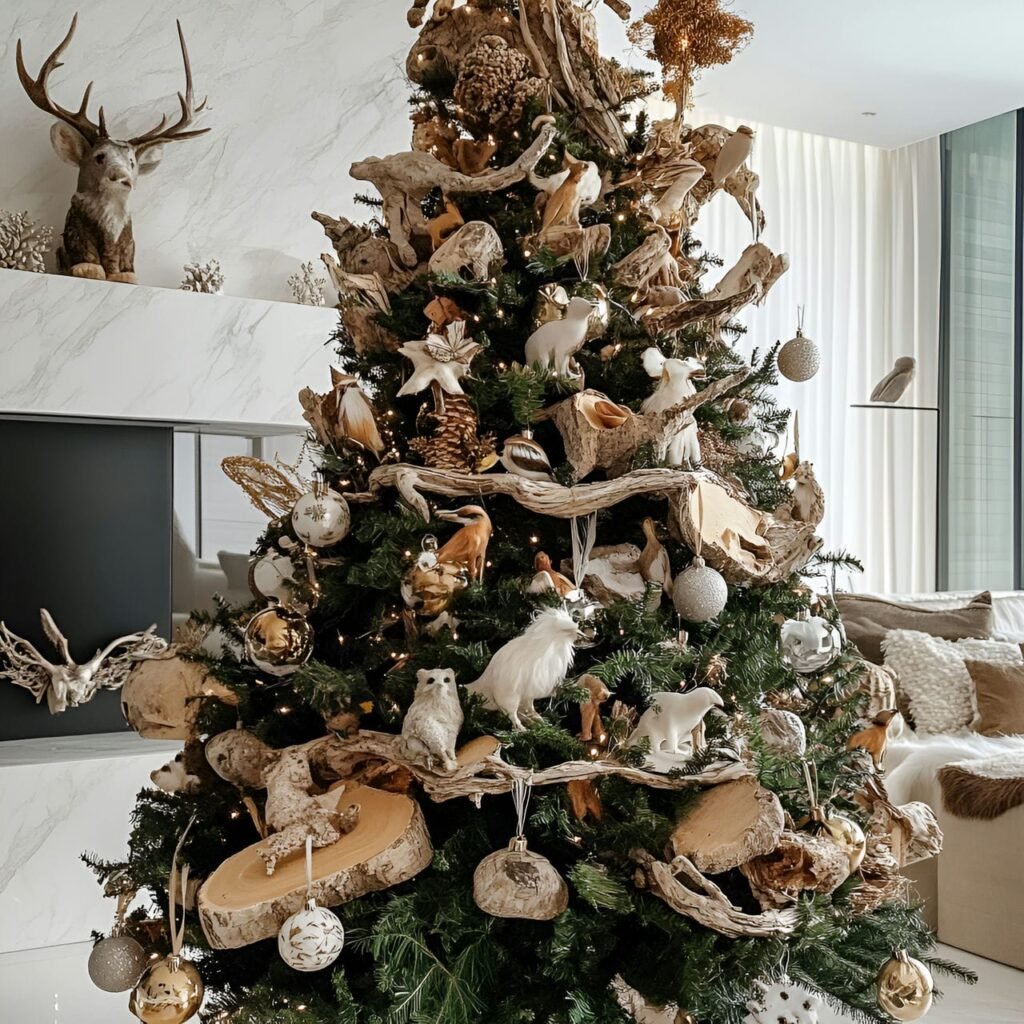 30. Natural Bark & Twig Tree with Small Animal Figurines