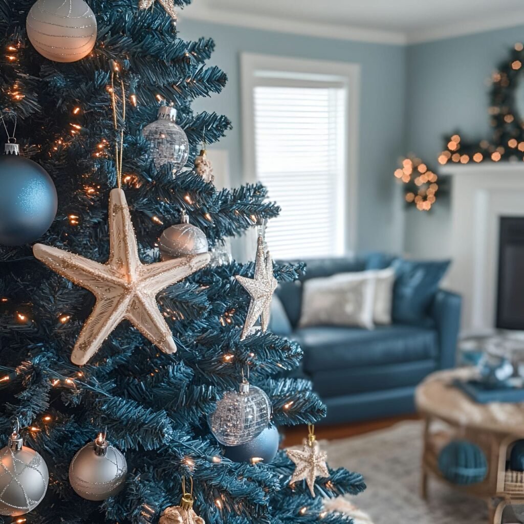 02. Nautical Blue Christmas in a Cozy Living Room with Coastal Charm