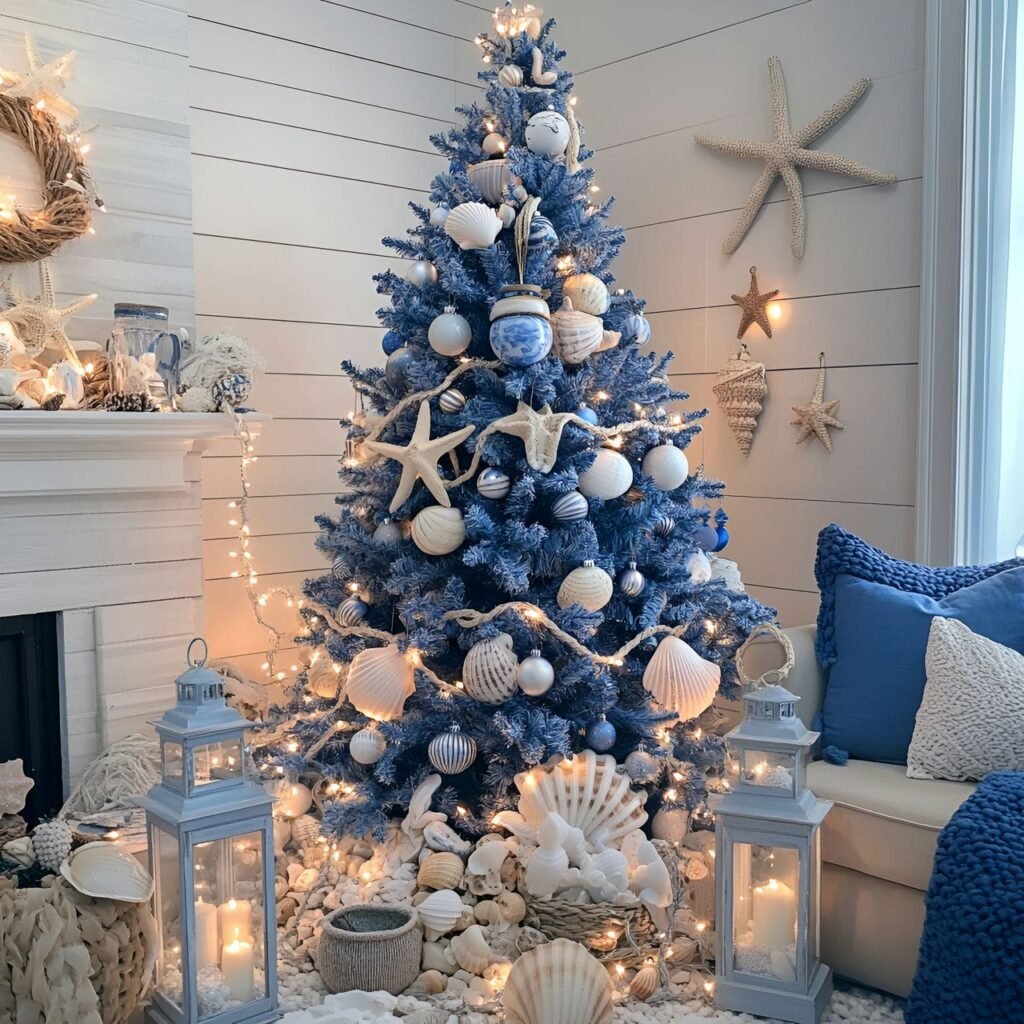 02. Nautical Blue Christmas in a Cozy Living Room with Coastal Charm