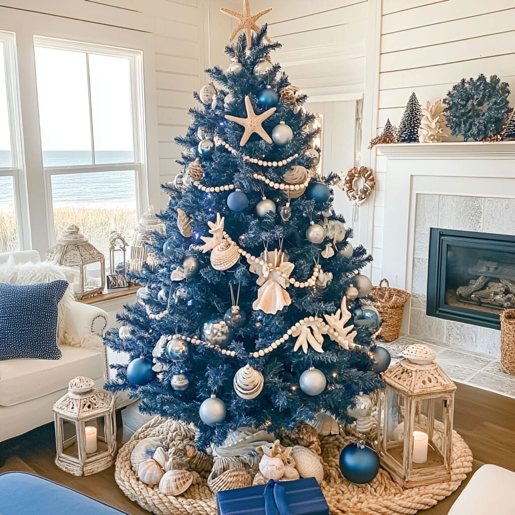 02. Nautical Blue Christmas in a Cozy Living Room with Coastal Charm