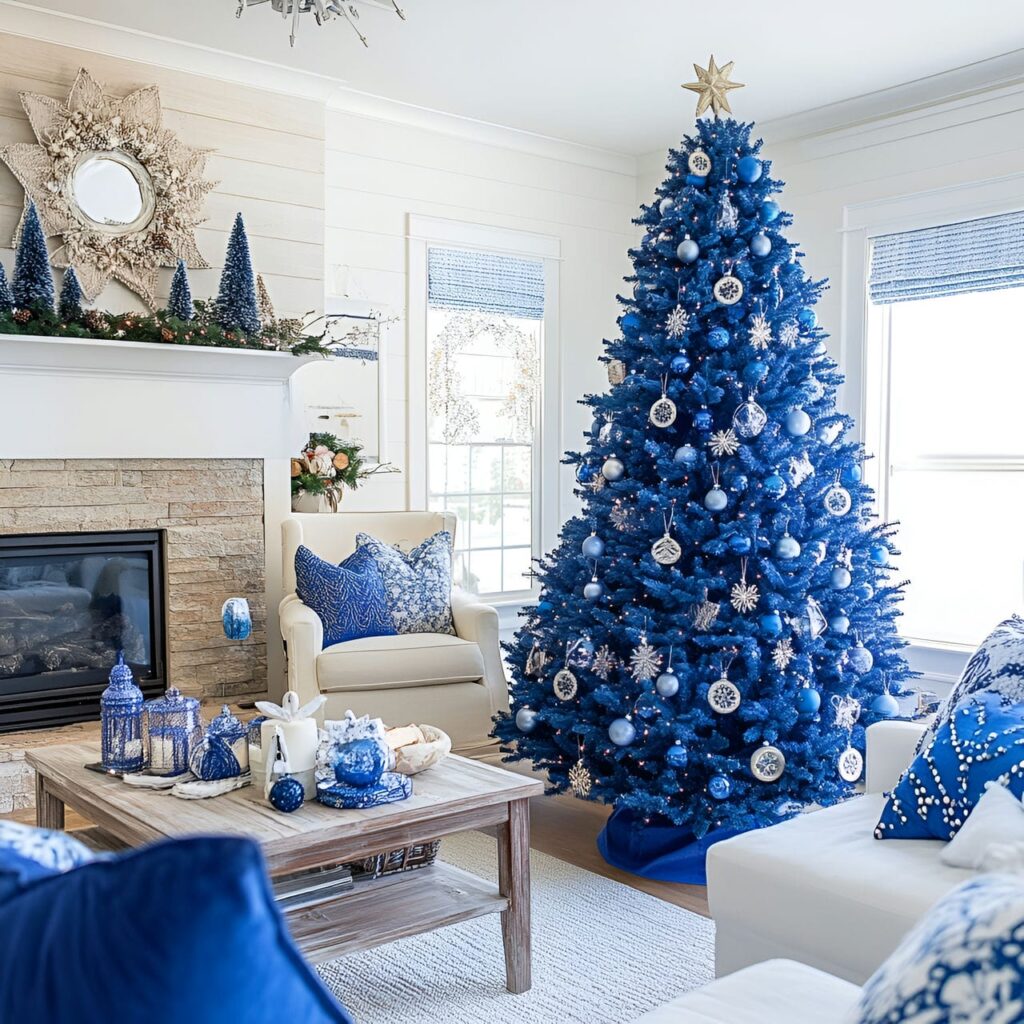 02. Nautical Blue Christmas in a Cozy Living Room with Coastal Charm