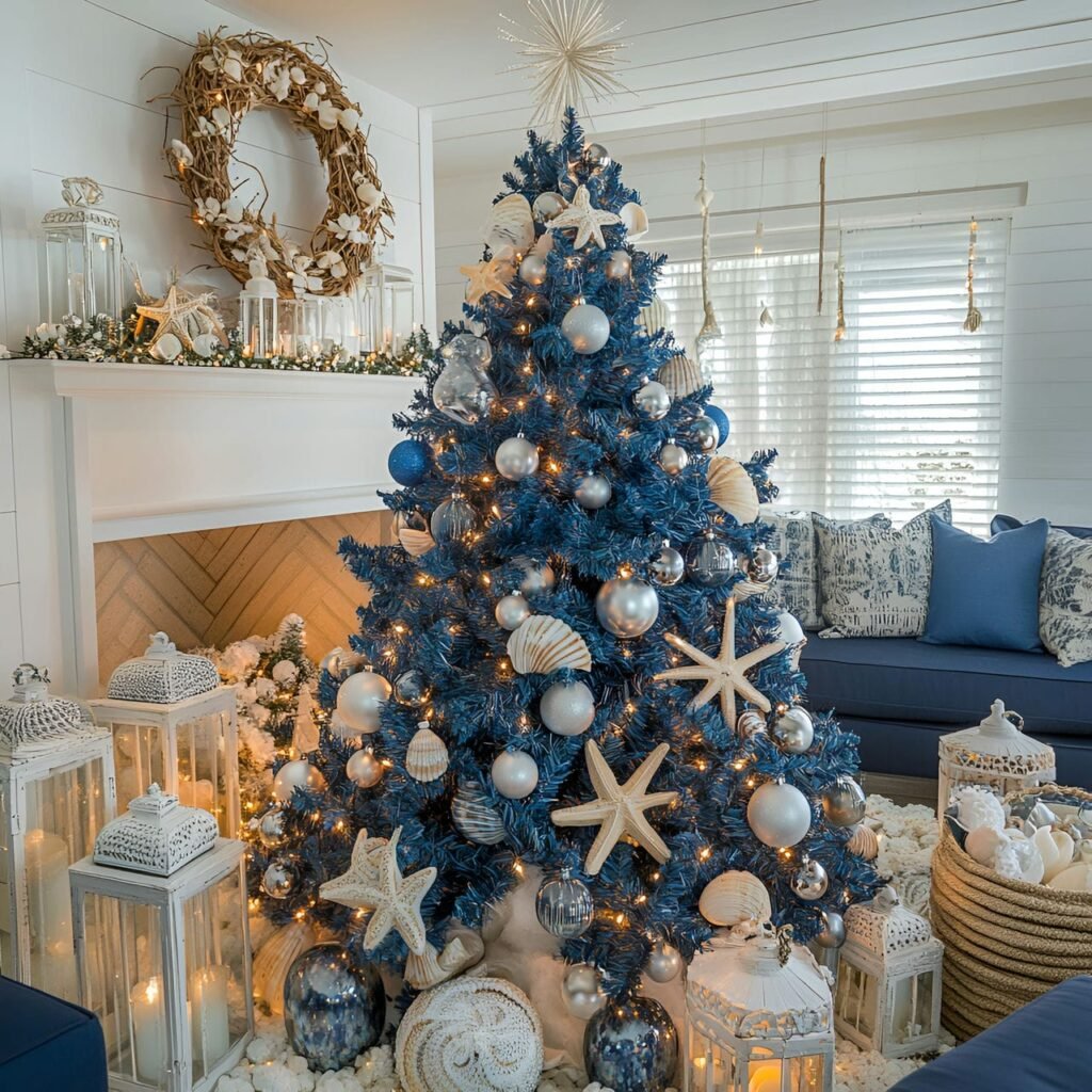 02. Nautical Blue Christmas in a Cozy Living Room with Coastal Charm