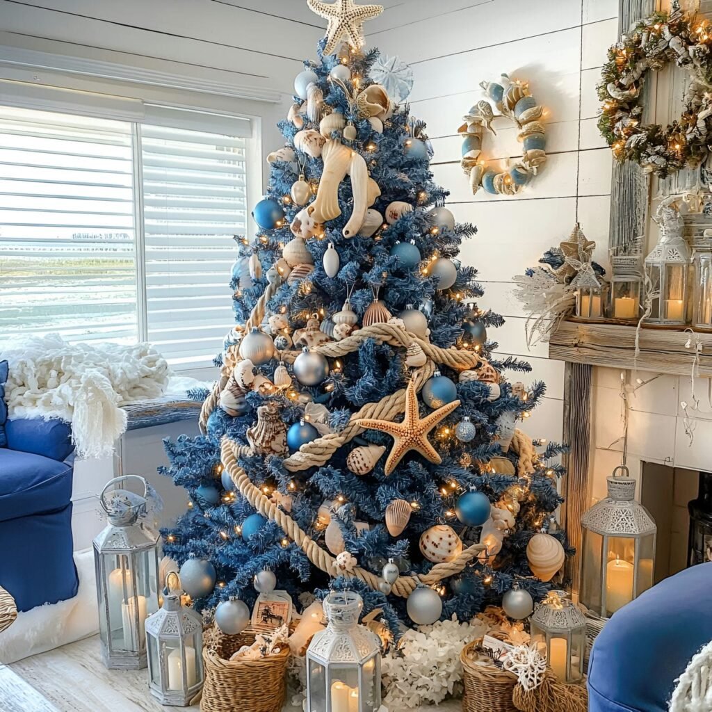 02. Nautical Blue Christmas in a Cozy Living Room with Coastal Charm