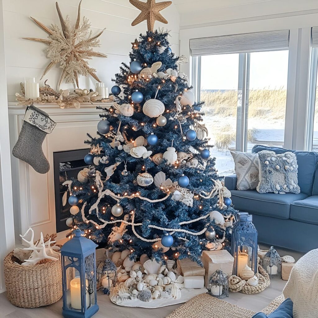 02. Nautical Blue Christmas in a Cozy Living Room with Coastal Charm