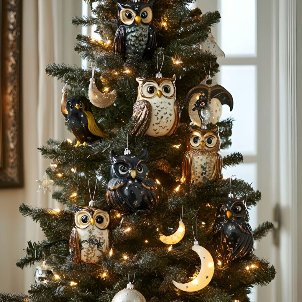 14. Nocturnal Wildlife Christmas Tree with Owl, Bat, and Moon Décor