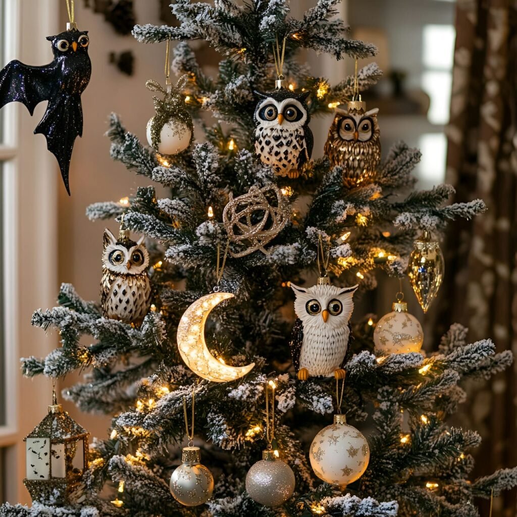 14. Nocturnal Wildlife Christmas Tree with Owl, Bat, and Moon Décor