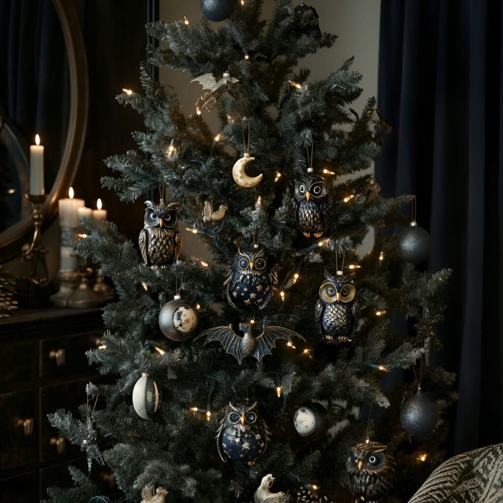 14. Nocturnal Wildlife Christmas Tree with Owl, Bat, and Moon Décor