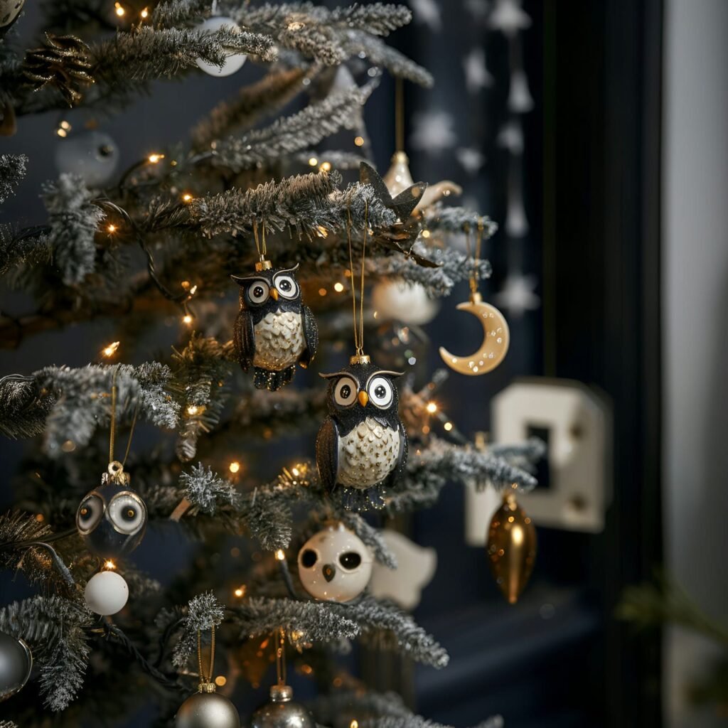 14. Nocturnal Wildlife Christmas Tree with Owl, Bat, and Moon Décor