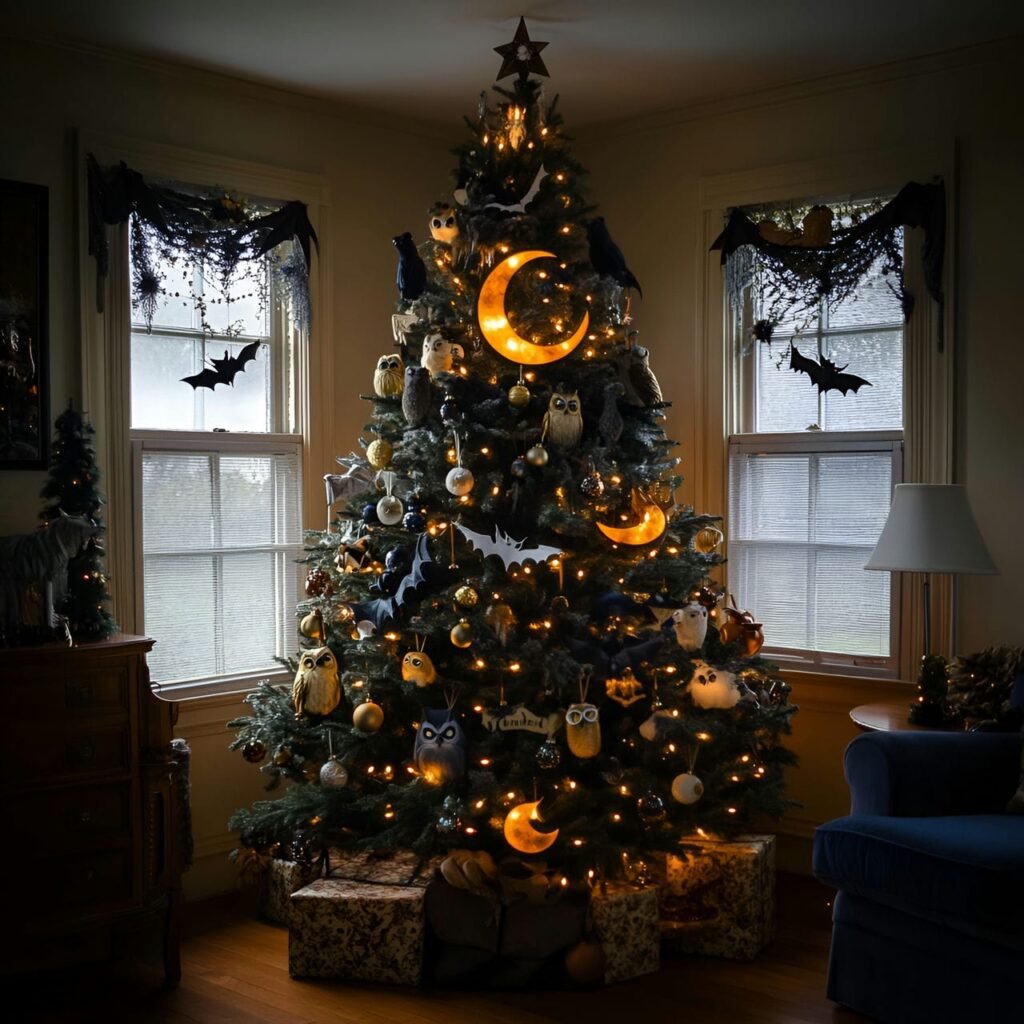 14. Nocturnal Wildlife Christmas Tree with Owl, Bat, and Moon Décor