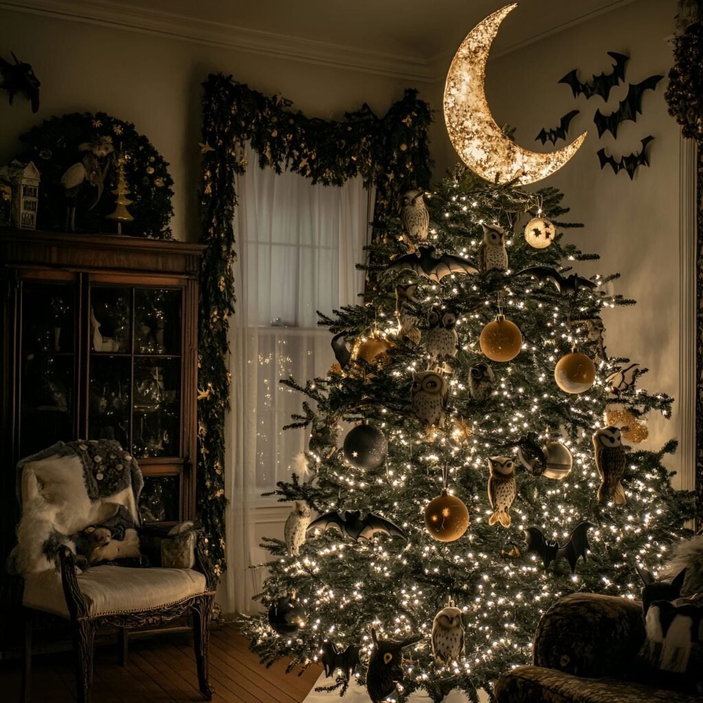 14. Nocturnal Wildlife Christmas Tree with Owl, Bat, and Moon Décor