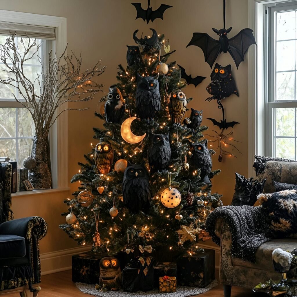 14. Nocturnal Wildlife Christmas Tree with Owl, Bat, and Moon Décor