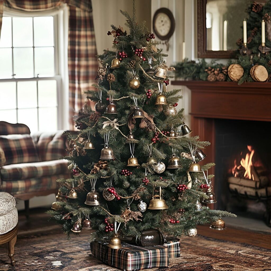 11. Nostalgic Brass Bell Tree with Plaid Ornaments and Brass Bells