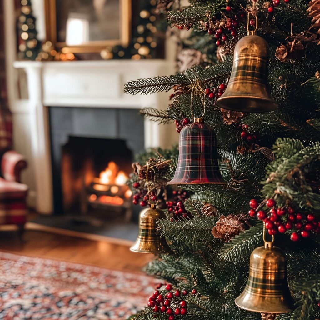 11. Nostalgic Brass Bell Tree with Plaid Ornaments and Brass Bells