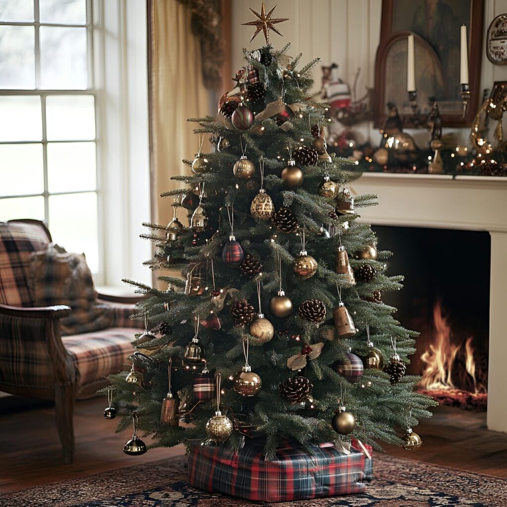 11. Nostalgic Brass Bell Tree with Plaid Ornaments and Brass Bells