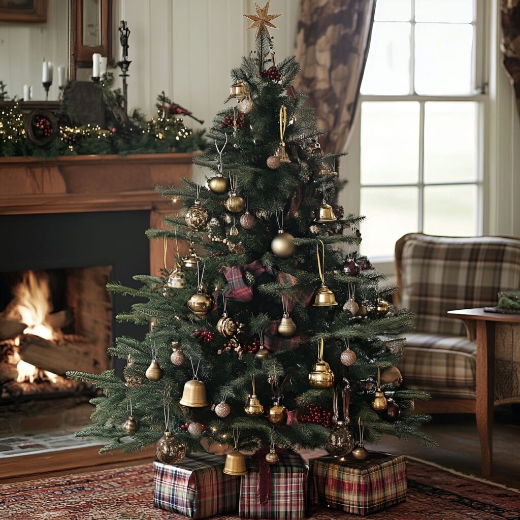 11. Nostalgic Brass Bell Tree with Plaid Ornaments and Brass Bells